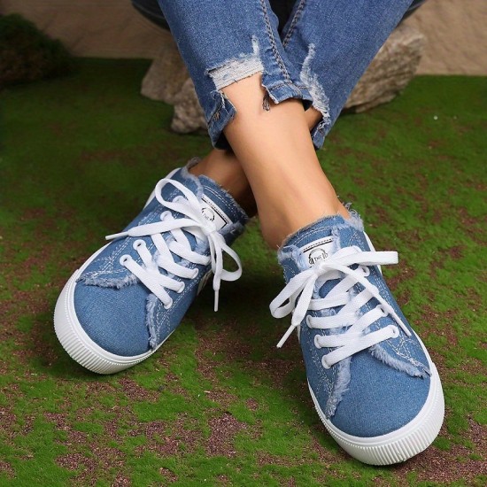 Women's Simple Canvas Shoes, Casual Lace Up Mule Sneakers, Lightweight & Comfortable Shoes Women's Simple Canvas Shoes, Casual Lace Up Mule Sneakers, Lightweight & Comfortable Shoes