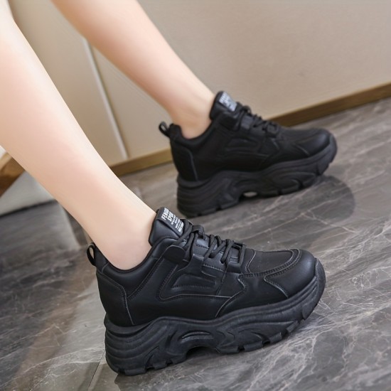 Women's Fashion Heightening Sneakers, Causal Faux Leather Solid Color Lace Up Shoes, Versatile & Breathable Shoes Women's Fashion Heightening Sneakers, Causal Faux Leather Solid Color Lace Up Shoes, Versatile & Breathable Shoes