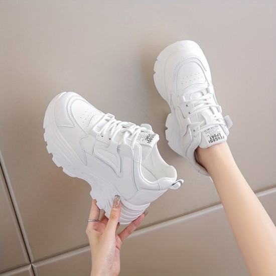Women's Fashion Heightening Sneakers, Causal Faux Leather Solid Color Lace Up Shoes, Versatile & Breathable Shoes Women's Fashion Heightening Sneakers, Causal Faux Leather Solid Color Lace Up Shoes, Versatile & Breathable Shoes