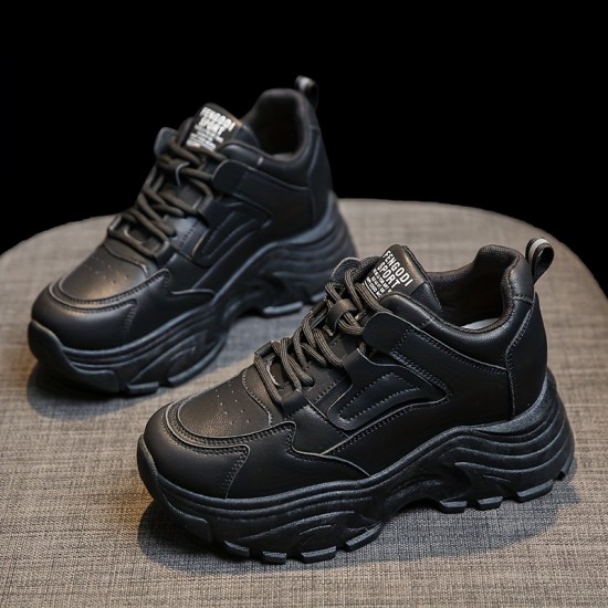 Women's Fashion Heightening Sneakers, Causal Faux Leather Solid Color Lace Up Shoes, Versatile & Breathable Shoes Women's Fashion Heightening Sneakers, Causal Faux Leather Solid Color Lace Up Shoes, Versatile & Breathable Shoes