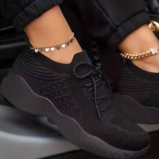 Women's Platform Knitted Sports Shoes, Lightweight & Breathable Solid Color Sneakers, Casual Running Walking Shoes Women's Platform Knitted Sports Shoes, Lightweight & Breathable Solid Color Sneakers, Casual Running Walking Shoes