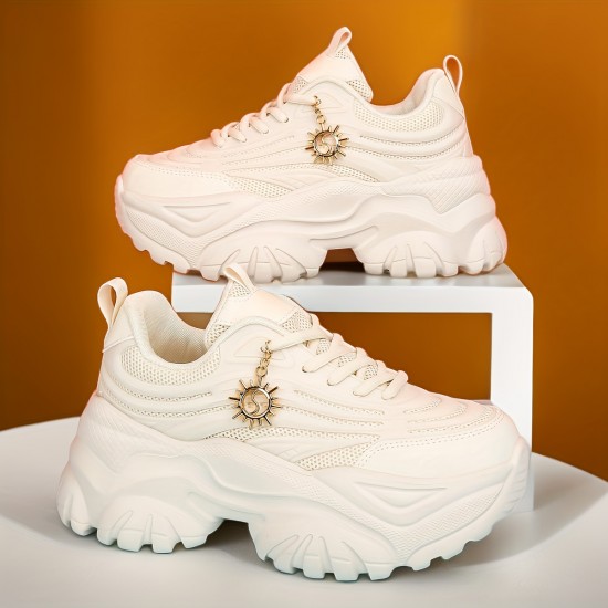 Women's Solid Color Trendy Sneakers, Lace Up Soft Sole Platform Running Shoes, Chain Decor Versatile Low-top Shoes Women's Solid Color Trendy Sneakers, Lace Up Soft Sole Platform Running Shoes, Chain Decor Versatile Low-top Shoes