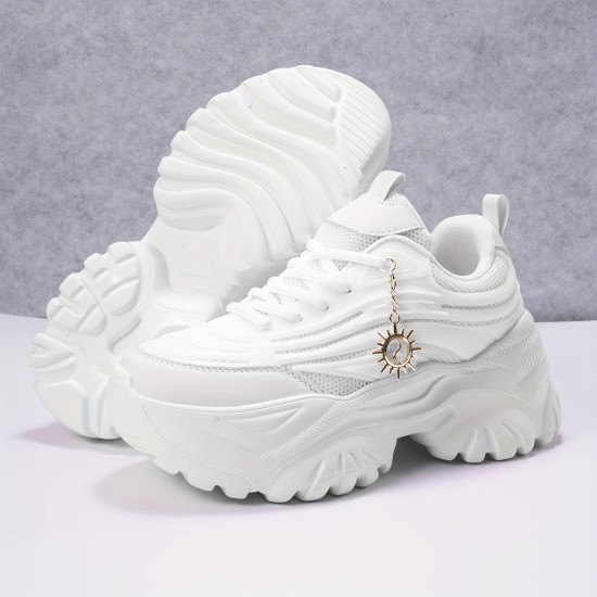 Women's Solid Color Trendy Sneakers, Lace Up Soft Sole Platform Running Shoes, Chain Decor Versatile Low-top Shoes Women's Solid Color Trendy Sneakers, Lace Up Soft Sole Platform Running Shoes, Chain Decor Versatile Low-top Shoes