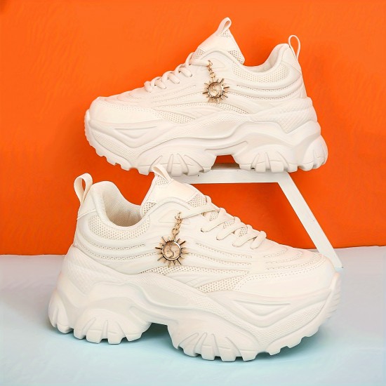 Women's Solid Color Trendy Sneakers, Lace Up Soft Sole Platform Running Shoes, Chain Decor Versatile Low-top Shoes Women's Solid Color Trendy Sneakers, Lace Up Soft Sole Platform Running Shoes, Chain Decor Versatile Low-top Shoes