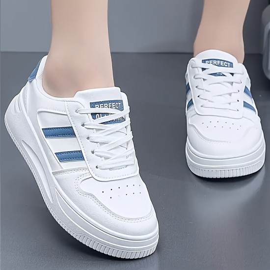 Women's Solid Color Casual Sneakers, Lace Up Comfy Platform White Shoes, Lightweight Low-top Sporty Trainers Women's Solid Color Casual Sneakers, Lace Up Comfy Platform White Shoes, Lightweight Low-top Sporty Trainers