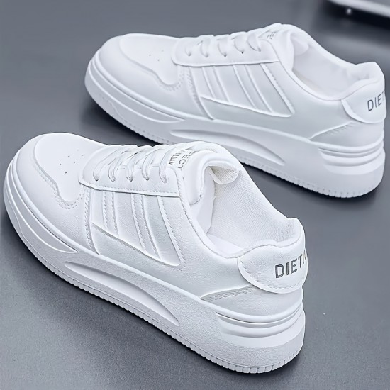 Women's Solid Color Casual Sneakers, Lace Up Comfy Platform White Shoes, Lightweight Low-top Sporty Trainers Women's Solid Color Casual Sneakers, Lace Up Comfy Platform White Shoes, Lightweight Low-top Sporty Trainers