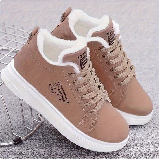 Women's Letter Print Sneakers, Casual Lace Up Plush Lined Shoes, Comfortable Winter Shoes Women's Letter Print Sneakers, Casual Lace Up Plush Lined Shoes, Comfortable Winter Shoes