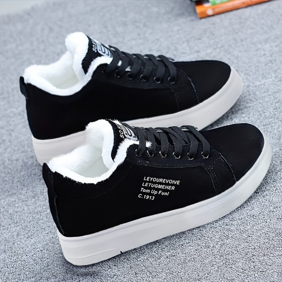 Women's Letter Print Sneakers, Casual Lace Up Plush Lined Shoes, Comfortable Winter Shoes Women's Letter Print Sneakers, Casual Lace Up Plush Lined Shoes, Comfortable Winter Shoes