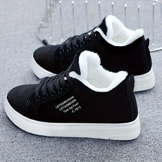 Women's Letter Print Sneakers, Casual Lace Up Plush Lined Shoes, Comfortable Winter Shoes Women's Letter Print Sneakers, Casual Lace Up Plush Lined Shoes, Comfortable Winter Shoes