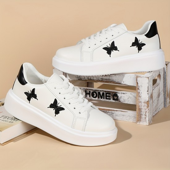 Women's Casual Sneakers, Butterfly Embroidery Thick Sole Lace-up Skate Shoes Women's Casual Sneakers, Butterfly Embroidery Thick Sole Lace-up Skate Shoes