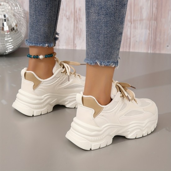 Women's Platform Mesh Sneakers, Lace Up Low-top Round Toe Heightening Outdoor Shoes, Versatile Comfy Sporty Shoes Women's Platform Mesh Sneakers, Lace Up Low-top Round Toe Heightening Outdoor Shoes, Versatile Comfy Sporty Shoes