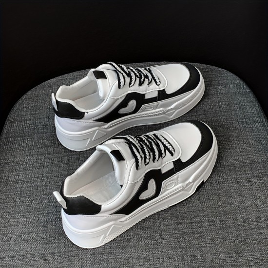 Women's Platform Colorblock Sneakers, Trendy Love Pattern Low Top Skate Shoes, Casual Walking Trainers Women's Platform Colorblock Sneakers, Trendy Love Pattern Low Top Skate Shoes, Casual Walking Trainers
