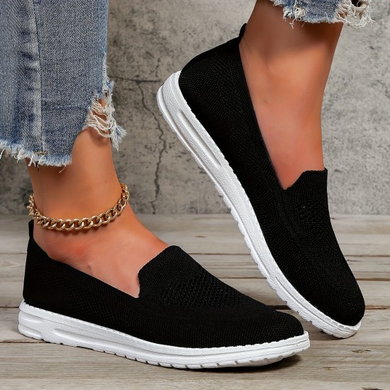 Women's Solid Color Sneakers, Slip On Round Toe Non-slip Low-top Knit Breathable Shoes, Casual Outdoor Sporty Shoes Women's Solid Color Sneakers, Slip On Round Toe Non-slip Low-top Knit Breathable Shoes, Casual Outdoor Sporty Shoes