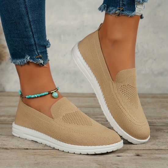 Women's Solid Color Sneakers, Slip On Round Toe Non-slip Low-top Knit Breathable Shoes, Casual Outdoor Sporty Shoes Women's Solid Color Sneakers, Slip On Round Toe Non-slip Low-top Knit Breathable Shoes, Casual Outdoor Sporty Shoes