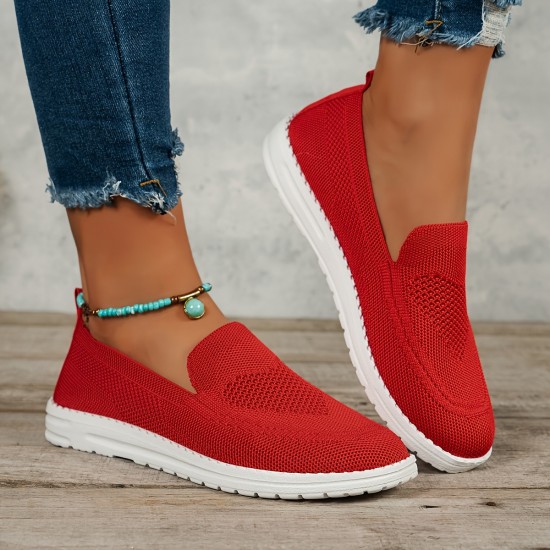 Women's Solid Color Sneakers, Slip On Round Toe Non-slip Low-top Knit Breathable Shoes, Casual Outdoor Sporty Shoes Women's Solid Color Sneakers, Slip On Round Toe Non-slip Low-top Knit Breathable Shoes, Casual Outdoor Sporty Shoes