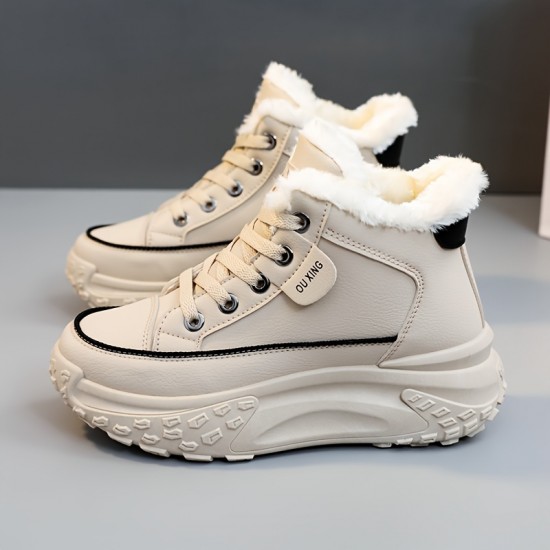 Women's Contrast Color Platform Sneakers, Causal Lace Up Plush Lined Outdoor Shoes, Comfortable Mid Top Shoes Women's Contrast Color Platform Sneakers, Causal Lace Up Plush Lined Outdoor Shoes, Comfortable Mid Top Shoes