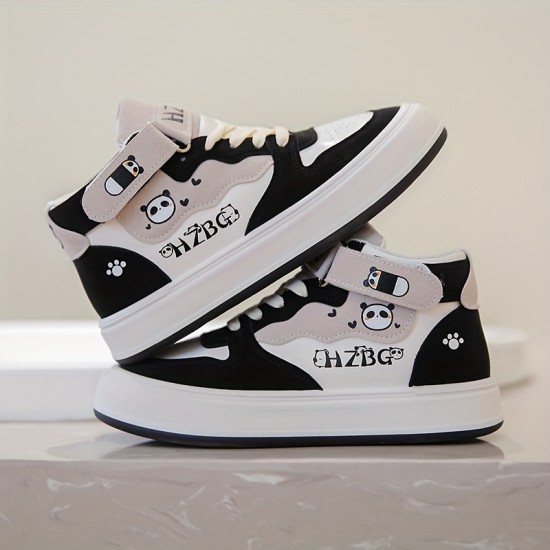 Women's Cartoon Panda & Letter Print Sneakers, Lace Up Soft Sole Platform Skate Shoes, High-top Non-slip Walking Shoes Women's Cartoon Panda & Letter Print Sneakers, Lace Up Soft Sole Platform Skate Shoes, High-top Non-slip Walking Shoes