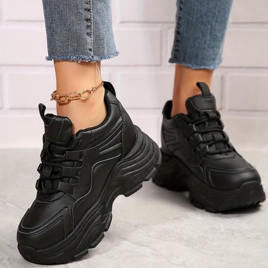 Women's Platform Chunky Sneakers, Solid Color Lace Up Height Increasing Shoes, Casual Walking Shoes Women's Platform Chunky Sneakers, Solid Color Lace Up Height Increasing Shoes, Casual Walking Shoes