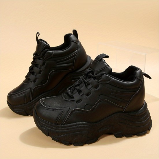 Women's Platform Chunky Sneakers, Solid Color Lace Up Height Increasing Shoes, Casual Walking Shoes Women's Platform Chunky Sneakers, Solid Color Lace Up Height Increasing Shoes, Casual Walking Shoes