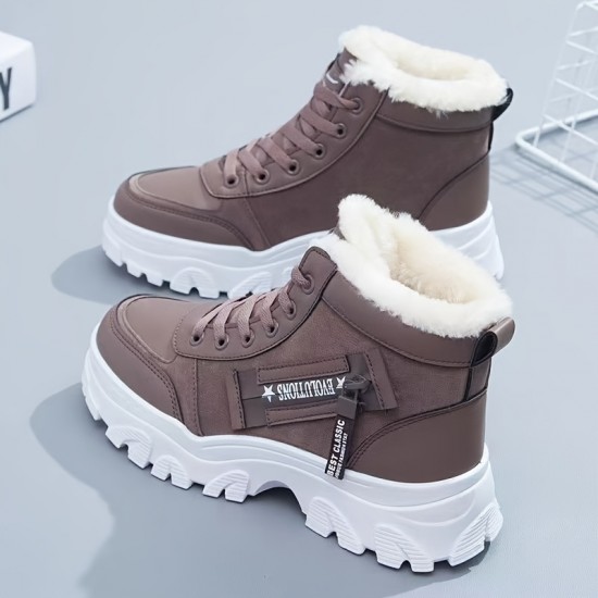 Women's Plush Lined Winter Sneakers, Thermal Lace Up High Top Snow Boots, Keep Warm Platform Ankle Boots Women's Plush Lined Winter Sneakers, Thermal Lace Up High Top Snow Boots, Keep Warm Platform Ankle Boots