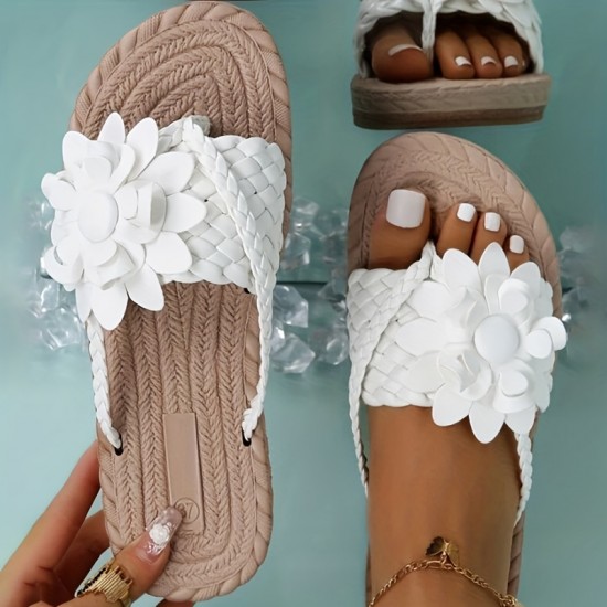 Women's Flower Flat Flip Flops, Boho Style Braided Band Open Toe Shoes, Casual Non Slip Slides Women's Flower Flat Flip Flops, Boho Style Braided Band Open Toe Shoes, Casual Non Slip Slides