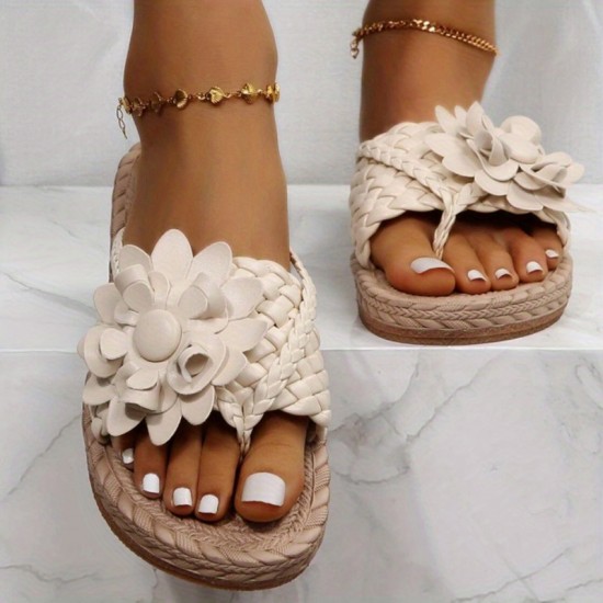 Women's Flower Flat Flip Flops, Boho Style Braided Band Open Toe Shoes, Casual Non Slip Slides Women's Flower Flat Flip Flops, Boho Style Braided Band Open Toe Shoes, Casual Non Slip Slides
