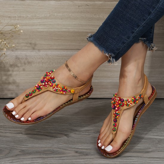 Women's Beaded Decor Flip Flops, Open Round Toe Elastic Ankle Strap Sandals, Women's Comfy Shoes Women's Beaded Decor Flip Flops, Open Round Toe Elastic Ankle Strap Sandals, Women's Comfy Shoes