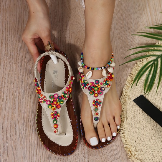Women's Beaded Decor Flip Flops, Open Round Toe Elastic Ankle Strap Sandals, Women's Comfy Shoes Women's Beaded Decor Flip Flops, Open Round Toe Elastic Ankle Strap Sandals, Women's Comfy Shoes