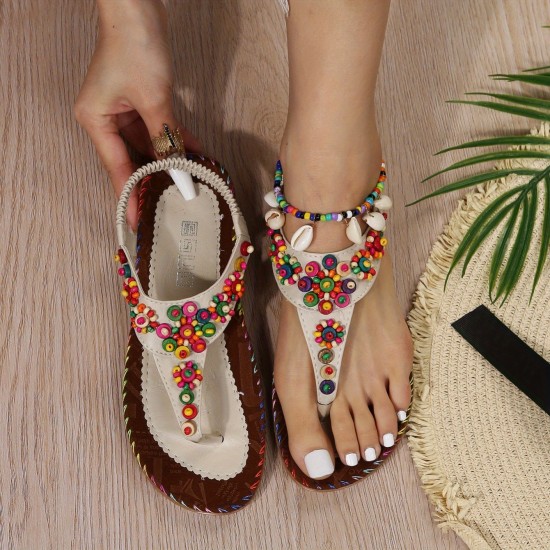 Women's Beaded Decor Flip Flops, Open Round Toe Elastic Ankle Strap Sandals, Women's Comfy Shoes Women's Beaded Decor Flip Flops, Open Round Toe Elastic Ankle Strap Sandals, Women's Comfy Shoes