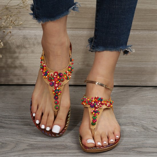 Women's Beaded Decor Flip Flops, Open Round Toe Elastic Ankle Strap Sandals, Women's Comfy Shoes Women's Beaded Decor Flip Flops, Open Round Toe Elastic Ankle Strap Sandals, Women's Comfy Shoes