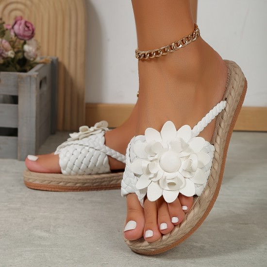 Women's Floral Decor Braided Sandals, Slip On Flat Lightweight Non-slip Slides, Vacation Beach Comfy Thong Sandals Women's Floral Decor Braided Sandals, Slip On Flat Lightweight Non-slip Slides, Vacation Beach Comfy Thong Sandals