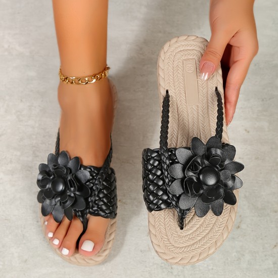 Women's Floral Decor Braided Sandals, Slip On Flat Lightweight Non-slip Slides, Vacation Beach Comfy Thong Sandals Women's Floral Decor Braided Sandals, Slip On Flat Lightweight Non-slip Slides, Vacation Beach Comfy Thong Sandals