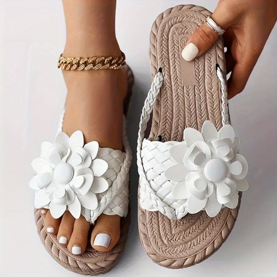 Women's Floral Decor Braided Sandals, Slip On Flat Lightweight Non-slip Slides, Vacation Beach Comfy Thong Sandals Women's Floral Decor Braided Sandals, Slip On Flat Lightweight Non-slip Slides, Vacation Beach Comfy Thong Sandals
