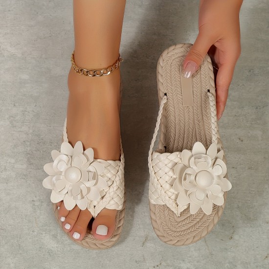 Women's Floral Decor Braided Sandals, Slip On Flat Lightweight Non-slip Slides, Vacation Beach Comfy Thong Sandals Women's Floral Decor Braided Sandals, Slip On Flat Lightweight Non-slip Slides, Vacation Beach Comfy Thong Sandals