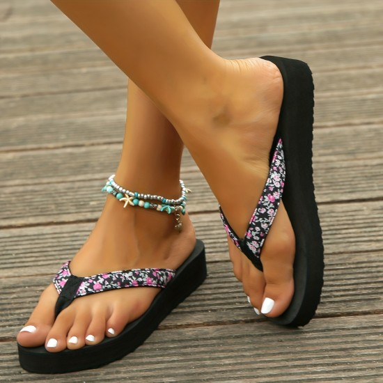Women's Floral Pattern Flip Flops, Slip On Open Toe Non-slip Soft Thick Sole Wedge Slides, Summer Beach Casual Shoes Women's Floral Pattern Flip Flops, Slip On Open Toe Non-slip Soft Thick Sole Wedge Slides, Summer Beach Casual Shoes