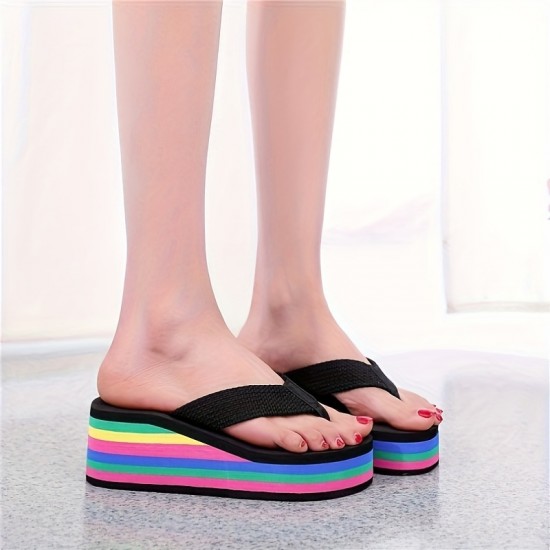 Women's Wedge Flip Flops, Rainbow Sole Slip On Platform Slide Shoes, Casual Lightweight Summer Beach Shoes Women's Wedge Flip Flops, Rainbow Sole Slip On Platform Slide Shoes, Casual Lightweight Summer Beach Shoes