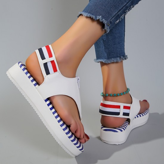 Women's Striped Flat Thong Sandals, Fashion Open Toe Front Zipper Slingback Anti-skid Shoes, Casual Outdoor Beach Shoes Women's Striped Flat Thong Sandals, Fashion Open Toe Front Zipper Slingback Anti-skid Shoes, Casual Outdoor Beach Shoes