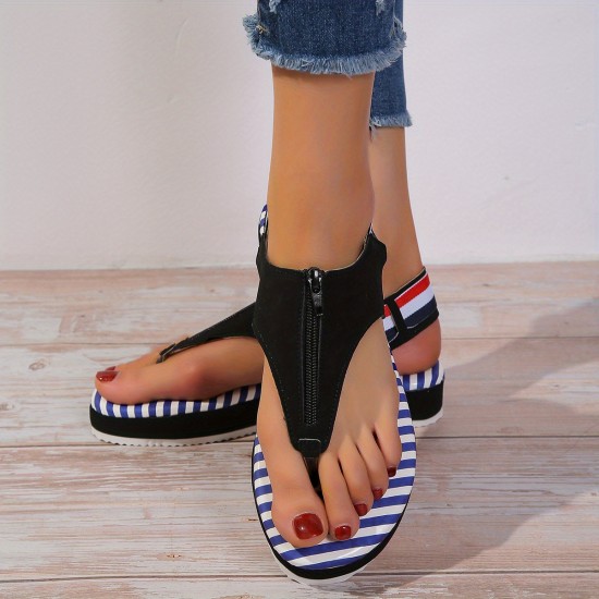 Women's Striped Flat Thong Sandals, Fashion Open Toe Front Zipper Slingback Anti-skid Shoes, Casual Outdoor Beach Shoes Women's Striped Flat Thong Sandals, Fashion Open Toe Front Zipper Slingback Anti-skid Shoes, Casual Outdoor Beach Shoes