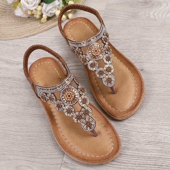 Women's Boho Stile Thong Sandals, Rhinestone Decor Elastic Strap Slip On Shoes, Summer Vacation Beach Sandals Women's Boho Stile Thong Sandals, Rhinestone Decor Elastic Strap Slip On Shoes, Summer Vacation Beach Sandals