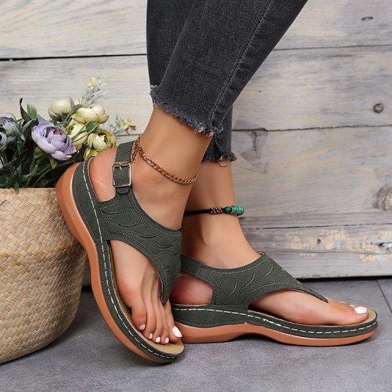 Women's Thone Wedge Sandals, Solid Color Ankle Buckle Strap Slingback Open Toe Shoes, Casual Retro Shoes Women's Thone Wedge Sandals, Solid Color Ankle Buckle Strap Slingback Open Toe Shoes, Casual Retro Shoes