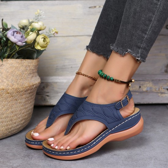 Women's Thone Wedge Sandals, Solid Color Ankle Buckle Strap Slingback Open Toe Shoes, Casual Retro Shoes Women's Thone Wedge Sandals, Solid Color Ankle Buckle Strap Slingback Open Toe Shoes, Casual Retro Shoes