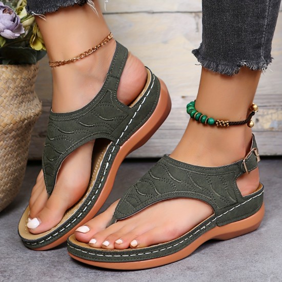 Women's Thone Wedge Sandals, Solid Color Ankle Buckle Strap Slingback Open Toe Shoes, Casual Retro Shoes Women's Thone Wedge Sandals, Solid Color Ankle Buckle Strap Slingback Open Toe Shoes, Casual Retro Shoes