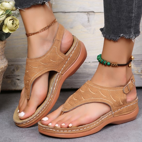 Women's Thone Wedge Sandals, Solid Color Ankle Buckle Strap Slingback Open Toe Shoes, Casual Retro Shoes Women's Thone Wedge Sandals, Solid Color Ankle Buckle Strap Slingback Open Toe Shoes, Casual Retro Shoes