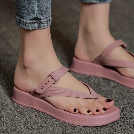 Women's Platform Flip Flops, Open Toe Solid Color Square Toe Casual Slippers, Women's Comfy Flat Slides Women's Platform Flip Flops, Open Toe Solid Color Square Toe Casual Slippers, Women's Comfy Flat Slides