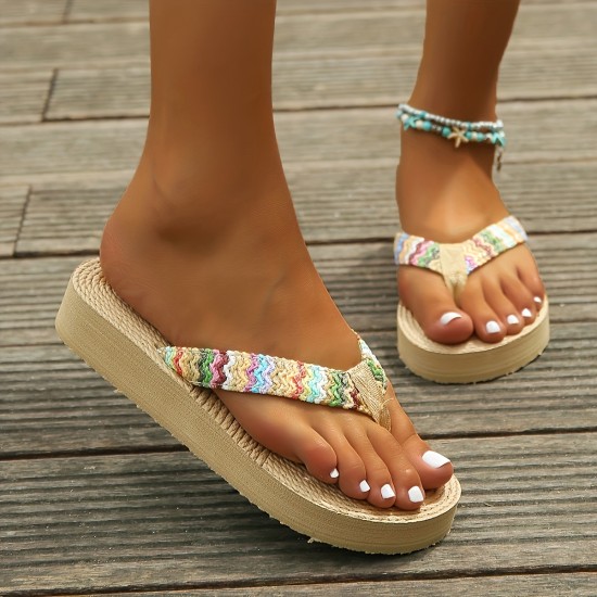 Women's Colorful Knit Sandals, Slip On Open Toe Thick Soft Bottom Outdoor Thong Sandals, Vacation Beach Flip Flops Women's Colorful Knit Sandals, Slip On Open Toe Thick Soft Bottom Outdoor Thong Sandals, Vacation Beach Flip Flops