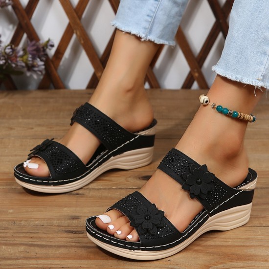 Women's Flower & Rhinestone Wedge Slippers, Solid Color Open Toe Non Slip Arch Support Slides Shoes, Casual Retro Sandals Women's Flower & Rhinestone Wedge Slippers, Solid Color Open Toe Non Slip Arch Support Slides Shoes, Casual Retro Sandals