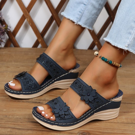 Women's Flower & Rhinestone Wedge Slippers, Solid Color Open Toe Non Slip Arch Support Slides Shoes, Casual Retro Sandals Women's Flower & Rhinestone Wedge Slippers, Solid Color Open Toe Non Slip Arch Support Slides Shoes, Casual Retro Sandals