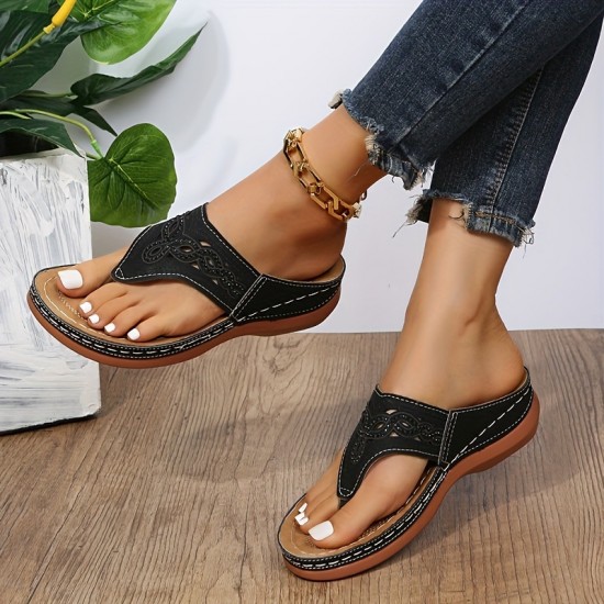Women's Wedge Flip Flops, Rhinestone Decor Slip On Slide Sandals, Comfy Outdoor Slide Shoes With Arch Support Women's Wedge Flip Flops, Rhinestone Decor Slip On Slide Sandals, Comfy Outdoor Slide Shoes With Arch Support