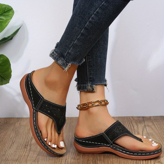 Women's Wedge Flip Flops, Rhinestone Decor Slip On Slide Sandals, Comfy Outdoor Slide Shoes With Arch Support Women's Wedge Flip Flops, Rhinestone Decor Slip On Slide Sandals, Comfy Outdoor Slide Shoes With Arch Support