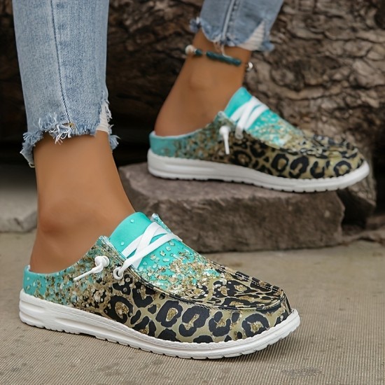 Women's Rhinestone & Leopard Decor Canvas Shoes, Low Top Lace Up Slip-on Shoes, Casual & Lightweight Shoes Women's Rhinestone & Leopard Decor Canvas Shoes, Low Top Lace Up Slip-on Shoes, Casual & Lightweight Shoes